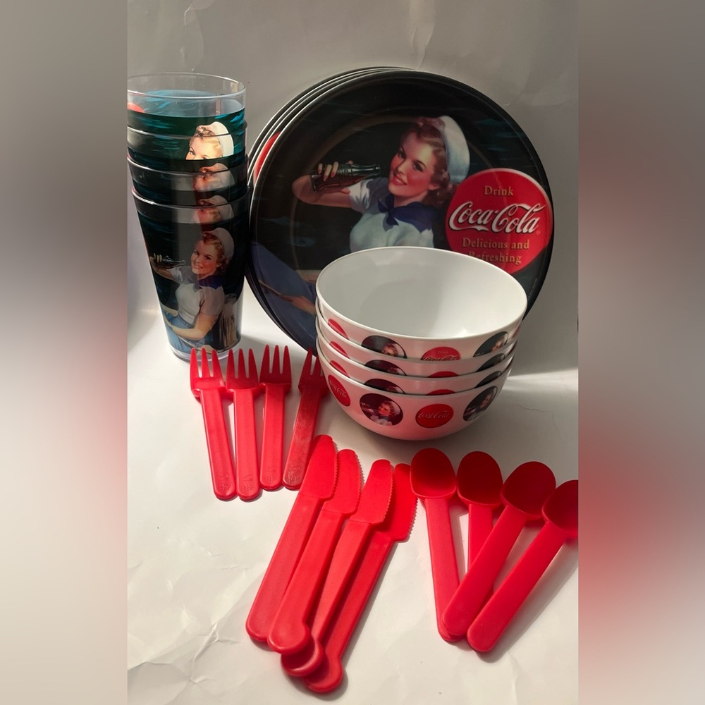 Coca-Cola Picnic Set - 25 Pc Gibson Coke Plates, Cups, Bowls, Utensils READ